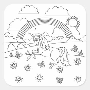 Kids Colour Me Unicorn Rainbow Square Sticker