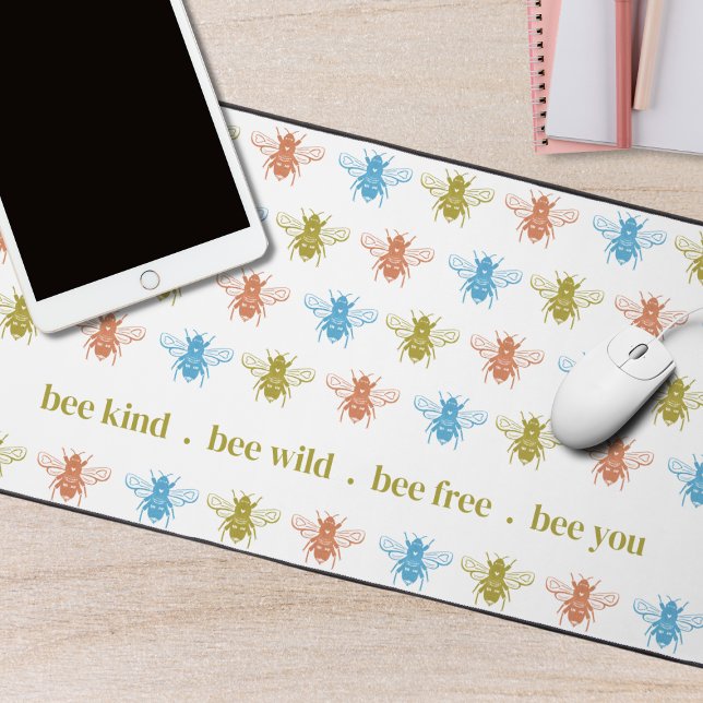 Kids Colourful Bee Pattern with Personalised Text Desk Mat (Cute Bee Desk Mat for Kids)