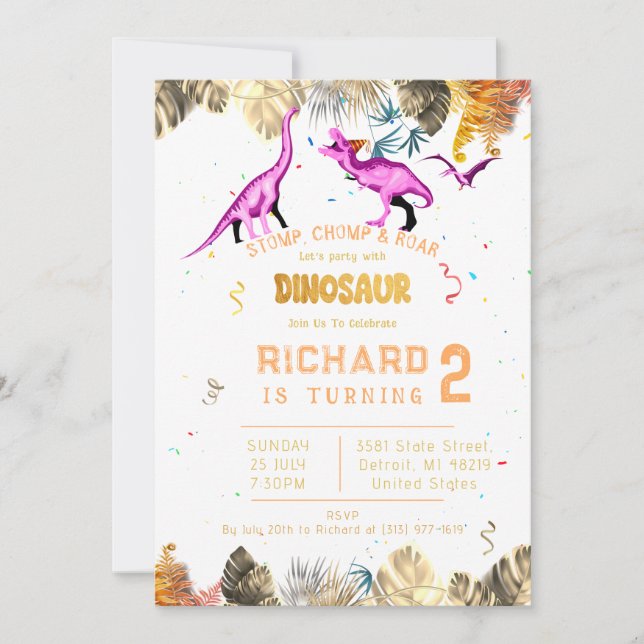 Kids Colourful Dinosaur Theme Birthday Party Invitation (Front)