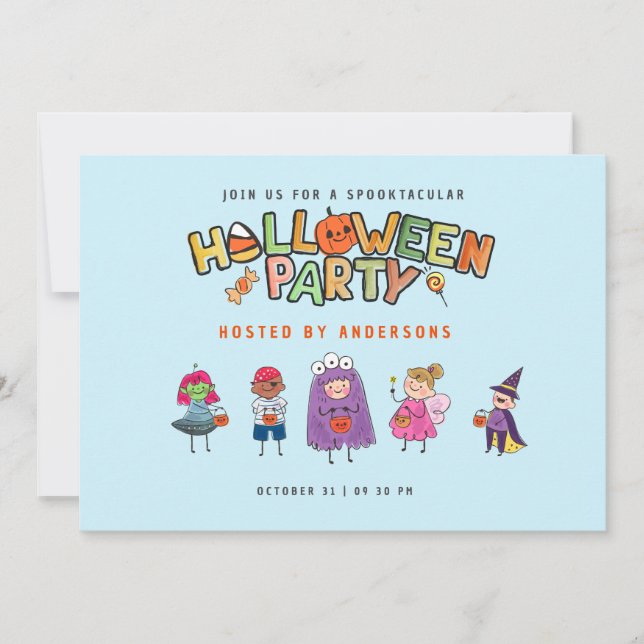 Kids Colourful Halloween Blue Costume Party Invitation (Front)