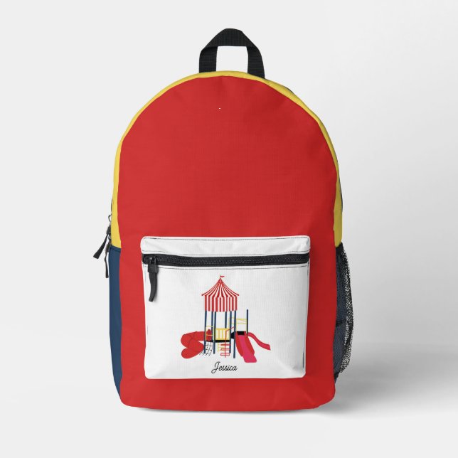 Kids Colourful Playground Custom Name School Printed Backpack (Front)