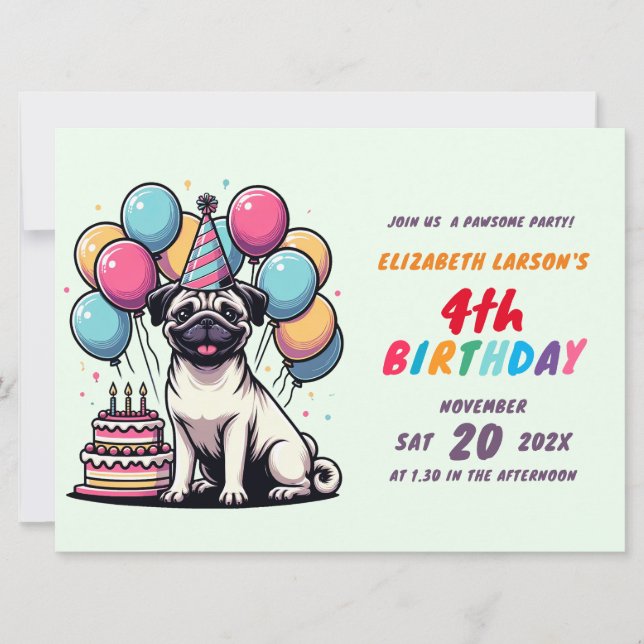 Kids Colourful Pug Theme Birthday Invitation (Front)