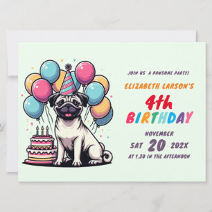 Kids Colourful Pug Theme Birthday Invitation