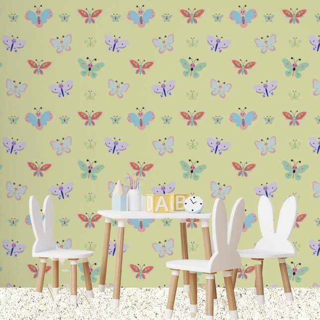 Kids Colourful Rainbow Butterfly Lemon Yellow Wallpaper (Kids Playroom)