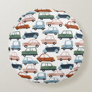 Kids Colourful Retro Car and Truck Pattern Round Cushion