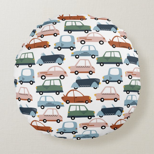 Kids Colourful Retro Car and Truck Pattern Round Cushion (Front)