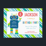 Kids Colourful Robot Birthday Invitation Postcard<br><div class="desc">Funny Cute Kids Colourful Robot Birthday Invitation Postcard. Party invite for a robot themed birthday party. Fun blue robot with a striped background. Add your party details and send out to guests. Coordinate with other robot party supplies. www.SamAnnDesigns.com</div>