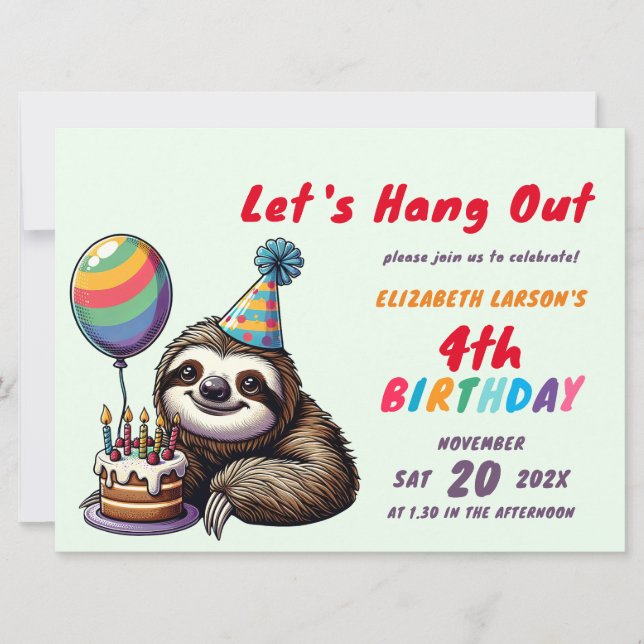 Kids Colourful Sloth Theme Birthday Party Invitation (Front)