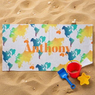 Kids Colourful World Map Custom Name Monogram Beach Towel