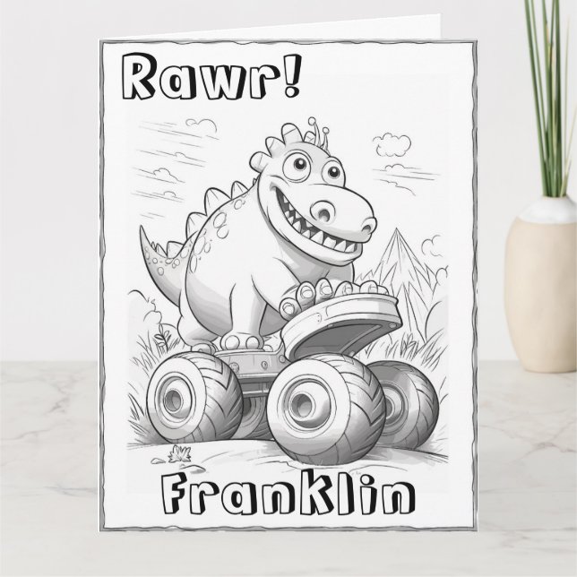 Kids Colouring Dinosaur Monster Truck Birthday Card (Front)
