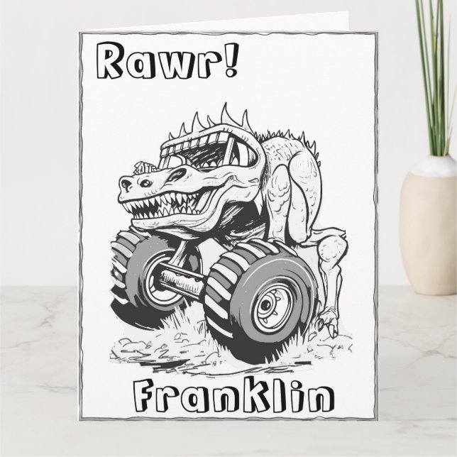 Kids Colouring Page Dinosaur Monster Truck Birthda Card (Front)