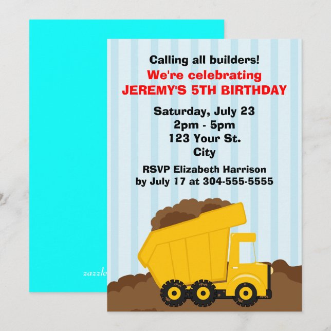 Kids Construction Birthday Invitation (Front/Back)