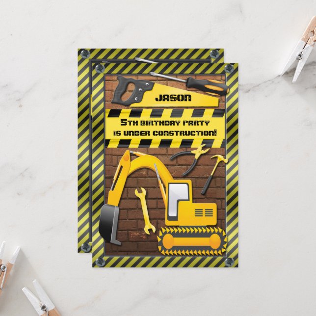 Kid's Construction Birthday Party Invitation (Front/Back In Situ)