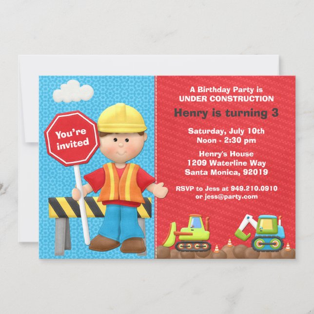 Kids Construction Birthday Party Invitation (Front)