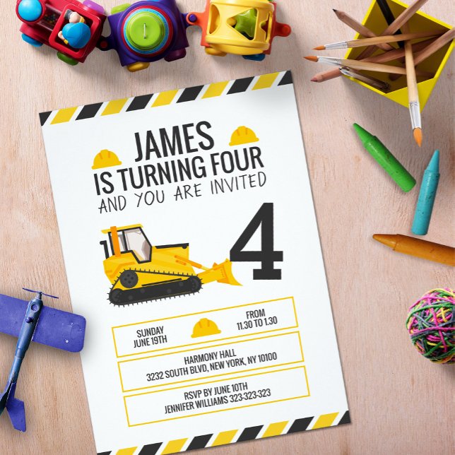 Kids Construction Bulldozer Birthday Party Invitation (Creator Uploaded)