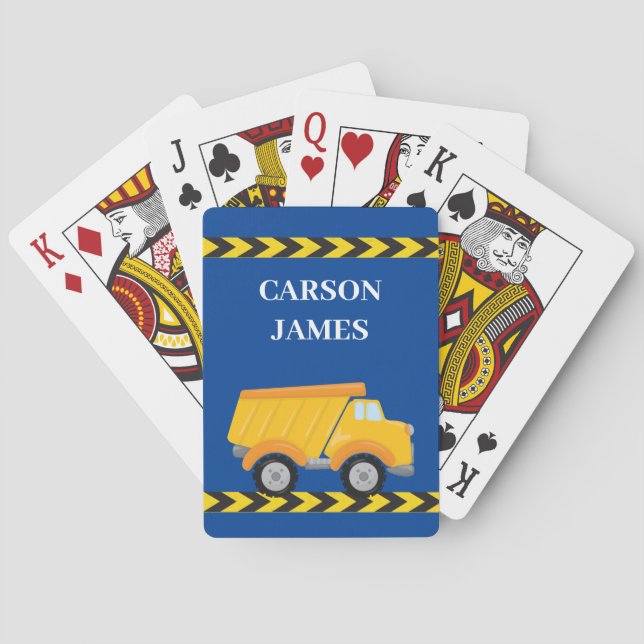Kids Construction Dump Truck Custom Blue Boys Name Playing Cards (Back)