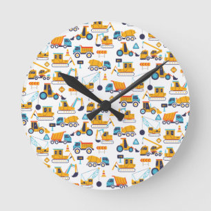 Kids Construction Dump Trucks Vehicle Pattern Round Clock