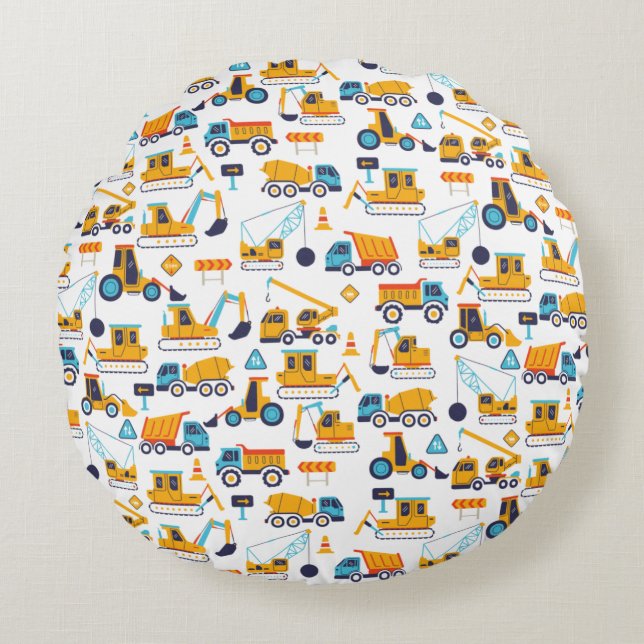 Kids Construction Dump Trucks Vehicle Pattern Round Cushion (Front)