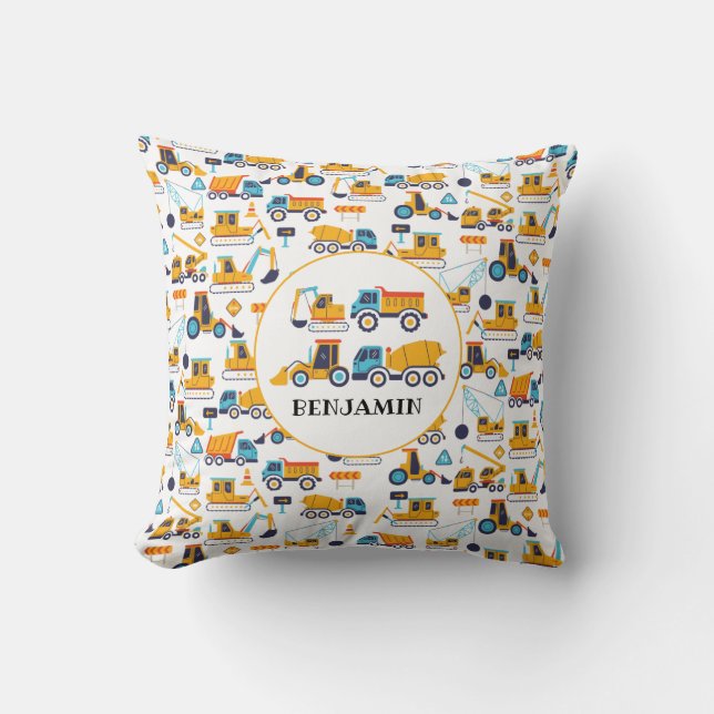 Kids Construction Dump Trucks Vehicle Personalised Cushion (Front)