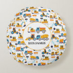 Kids Construction Dump Trucks Vehicle Personalised Round Cushion<br><div class="desc">Kids Construction Dump Trucks Vehicle Personalised with Name Round Pillow. Cute pillow for your kid's bedroom! Featuring hand-drawn construction trucks. (Trucks designed by syarifahbrit)</div>