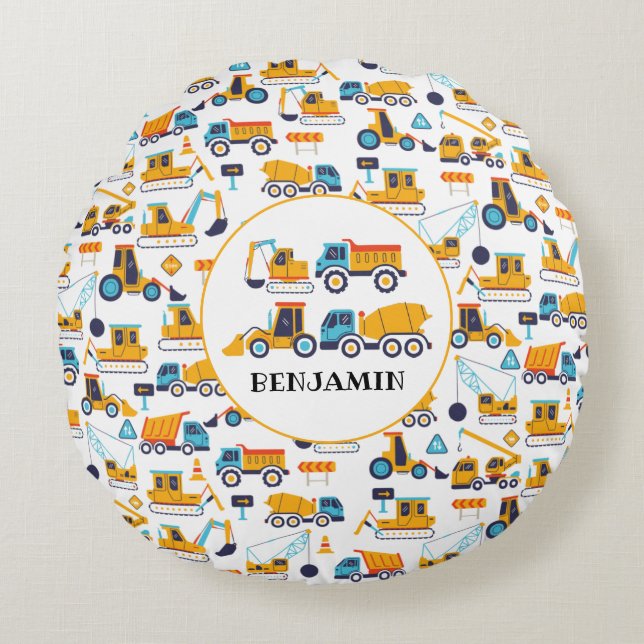 Kids Construction Dump Trucks Vehicle Personalised Round Cushion (Front)
