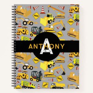 Kids Construction Trucks Pattern Monogram Name Notebook