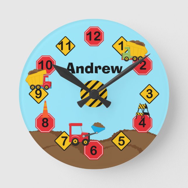 Kids Construction Trucks Wall Clock (Front)