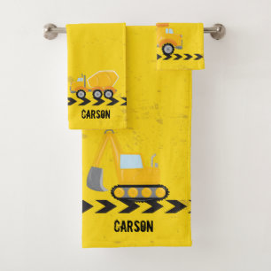 Kids Construction Vehicle Custom Yellow Boys Bath Towel Set