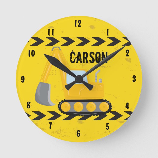 Kids Construction Vehicle Custom Yellow Boys Room Round Clock (Front)
