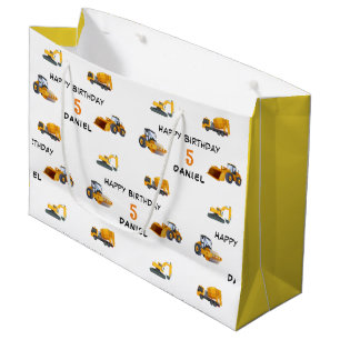 Kids Contruction vehicle Personalised Birthday Large Gift Bag