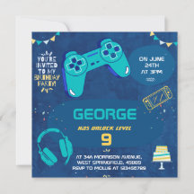 Kids Cool Blue Video Game Kids Birthday Invitation
