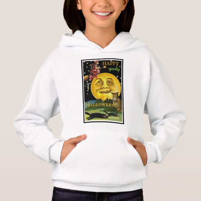 Kid's Cool Vintage Halloween Moon Watching Witch (Front)