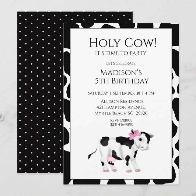 Kids Cow Print Girls Birthday Party Invitation (Front/Back)