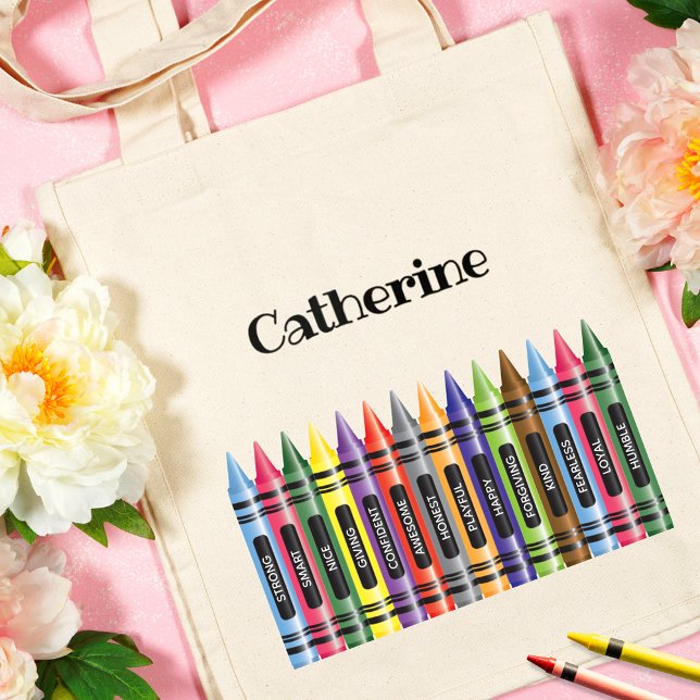 Kids Crayon Pink Green Positive Thoughts School Tote Bag (Creator Uploaded)