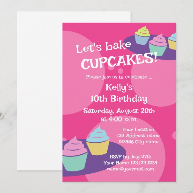 Kid's cupcake baking Birthday party invitations (Front/Back)