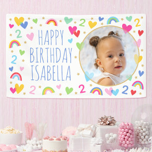 Kids Custom Age Birthday Cute Rainbow Hearts Photo Banner