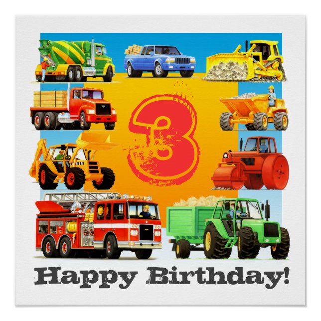Kids Custom Age Happy Birthday Construction Truck Poster (Front)