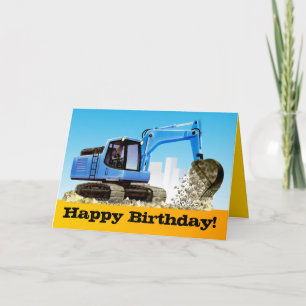 Kids Custom Blue Excavator Digger Happy Birthday Card