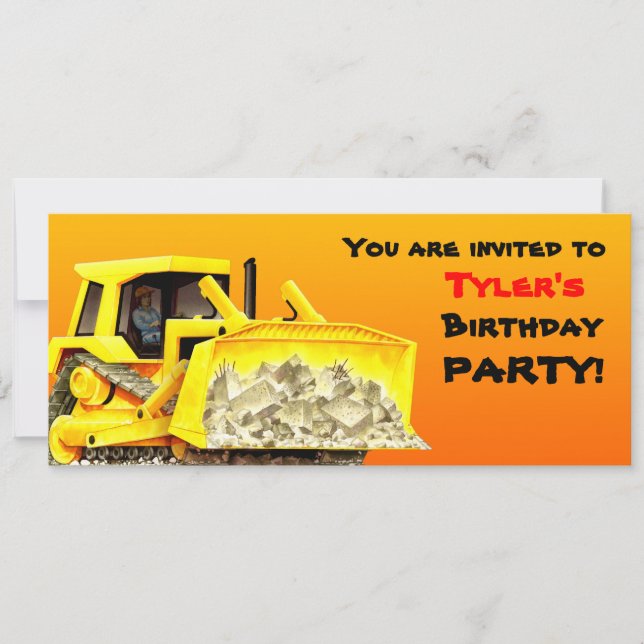 Kids Custom Bulldozer Party Invitation (Front)