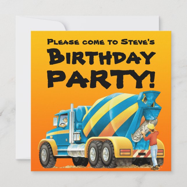 Kids Custom Concrete Mixer Truck Party Invitation (Front)