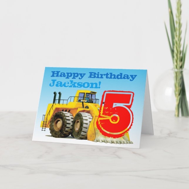 Kids Custom Construction Digger 5th Birthday Card (Front)