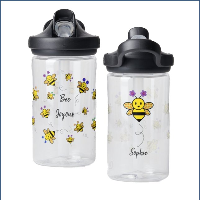 Kids Custom Name Bee Happy Whimsical  Water Bottle (Creator Uploaded)