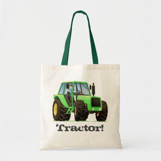 Kid's Custom Name Green Farm Tractor Tote Bag (Front)