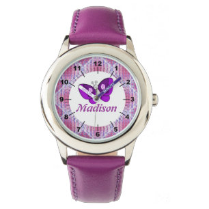 Kids Custom name Pink Purple Plaid Butterfly Watch