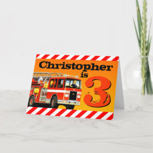 Kids Custom Name Red Fire Truck Happy 3rd Birthday Card