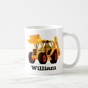 Kid's Custom Name Yellow Construction Digger Coffee Mug