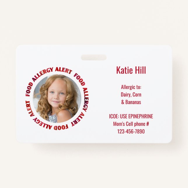 Kids Custom Photo Food Allergy Medical Alert ID Badge (Front)