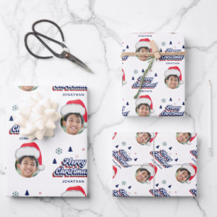 Kid's Custom Photo & Name Santa Hat Retro Xmas Fun Wrapping Paper Sheet