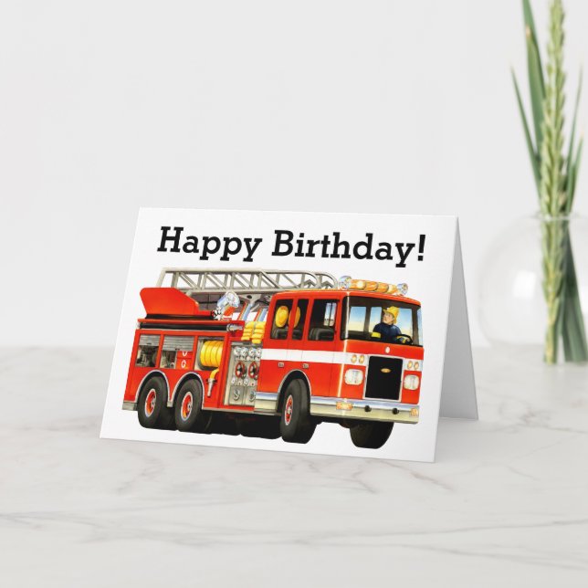 Kid's Custom Red Fire Truck Happy Birthday Card (Front)