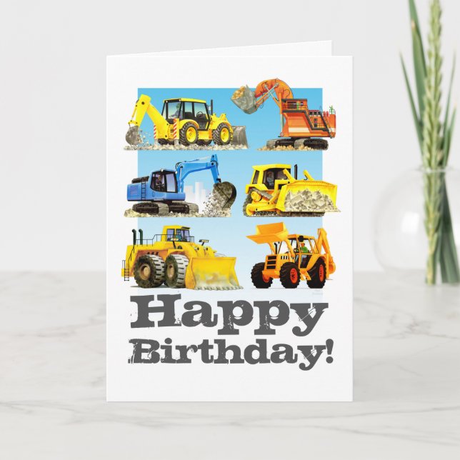 Kids Custom Yellow Digger Excavator Happy Birthday Card (Front)